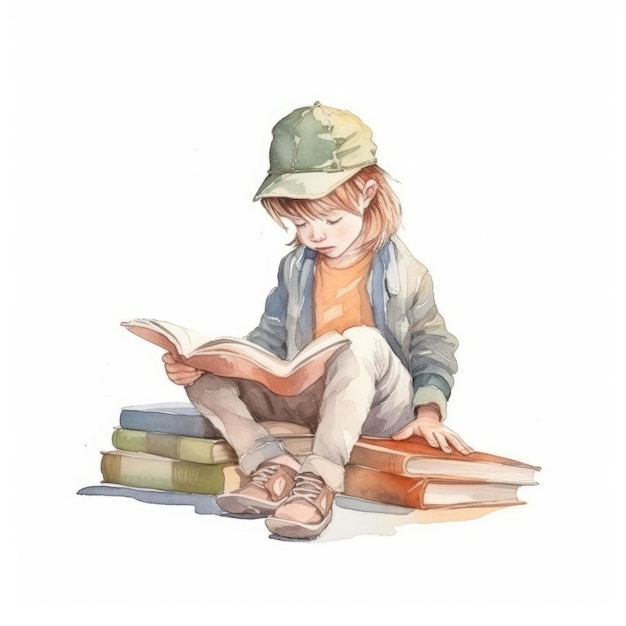 Photo watercolor a child reading a book