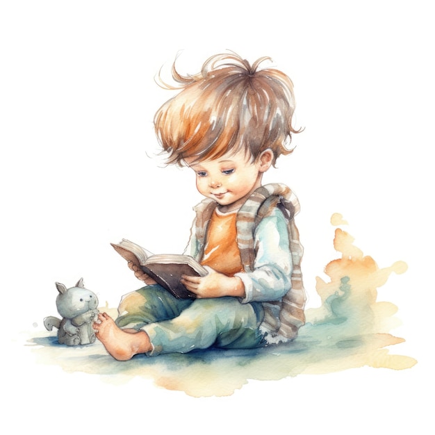 watercolor of a child reading a book