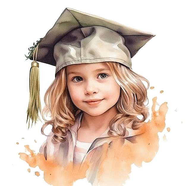 Watercolor of A child wearing a graduation cap