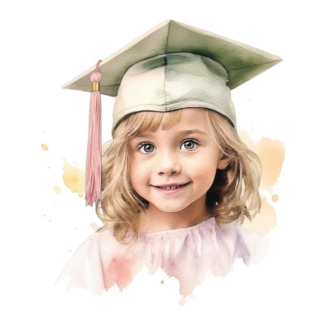 watercolor of A child wearing a graduation cap