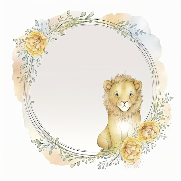 Photo watercolor childish frame with little lion illustration ai generative