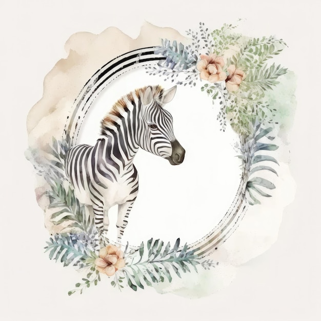 Watercolor Childish Frame with Little Zebra Illustration Generative AIxA