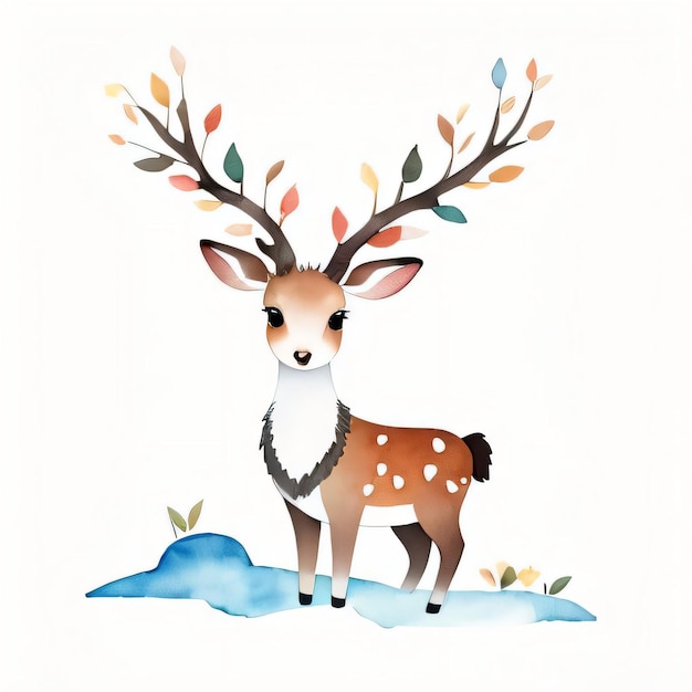 Watercolor children illustration with cute deer clipart