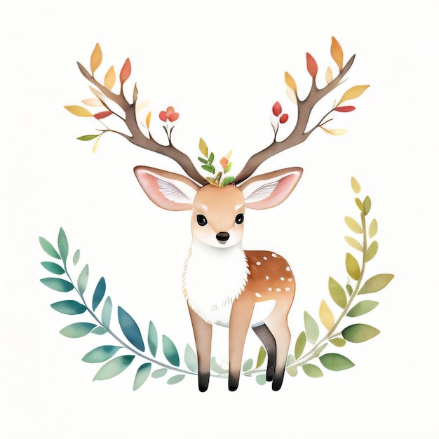 Watercolor children illustration with cute deer clipart