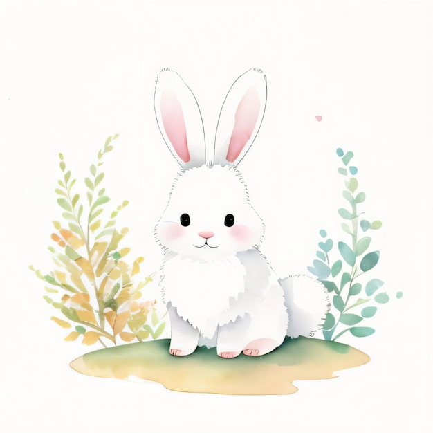 Watercolor children illustration with cute rabbit clipart