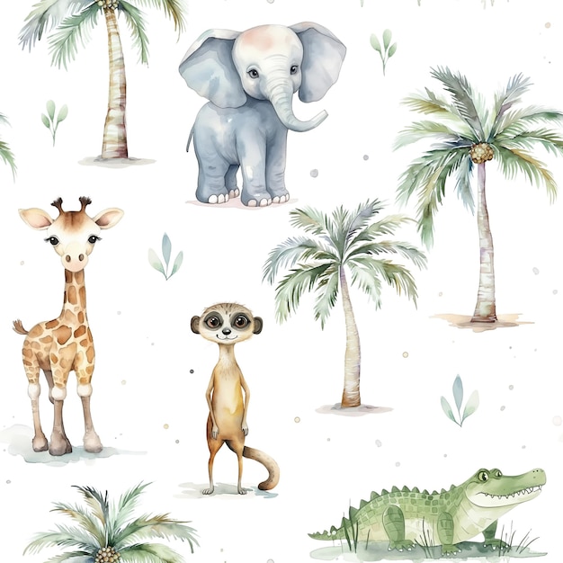 Photo watercolor childrish seamless pattern with cute cartoon safari animals and palm trees isolated on white background