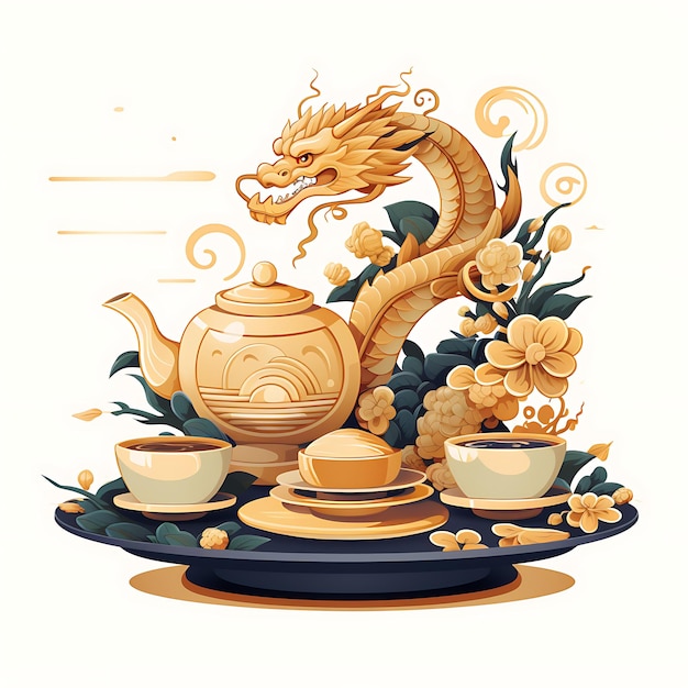 Watercolor China Theme Cute Small Dragon Themed Tea Set With Dragon Mo creative arts work