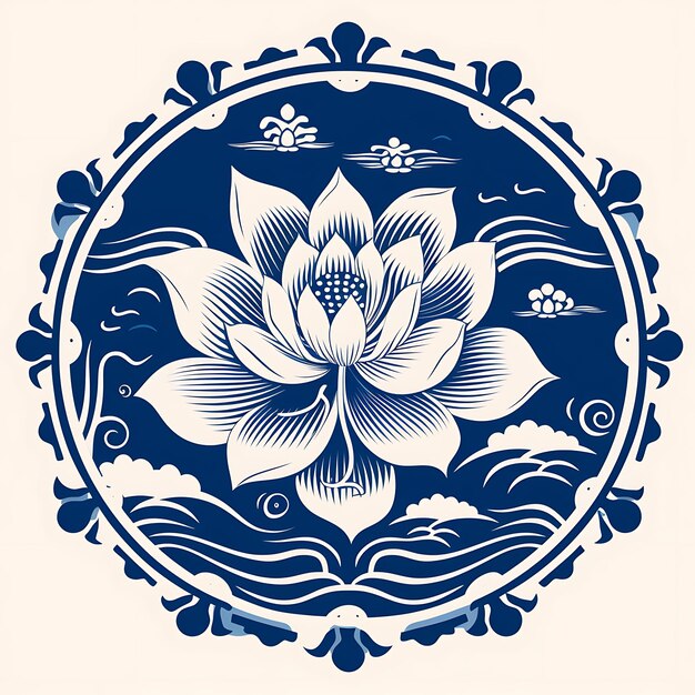 Watercolor China Theme Lotus Pond Porcelain Frame Blue and White Porcelain Art Lotu creative arts