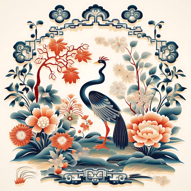 Watercolor China Theme Ming Dynasty Silk Frame Brocade Art Crane Motifs Beaded Frin creative arts