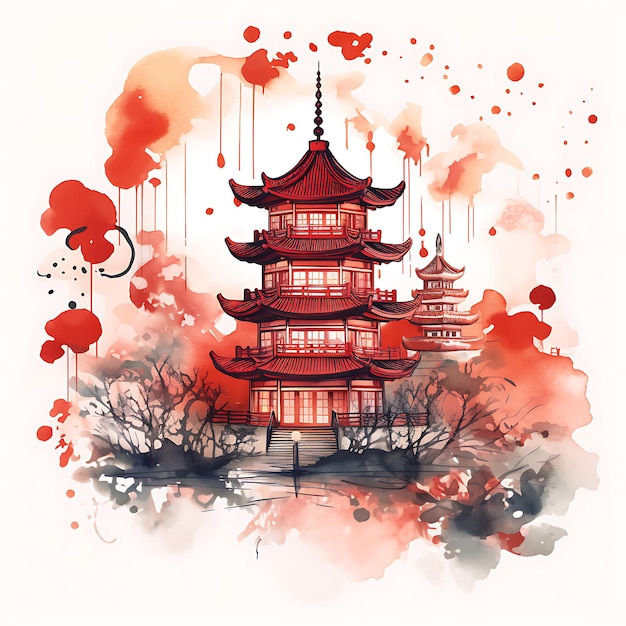 Watercolor China Theme Red Decorated Pagoda With Lanterns and Ornate C creative arts work