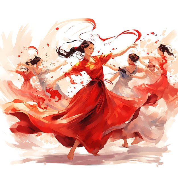 アクアカラー中国テーマ 伝統的なダンスパフォーマンス ダンサーとRクリエイティブアート作品