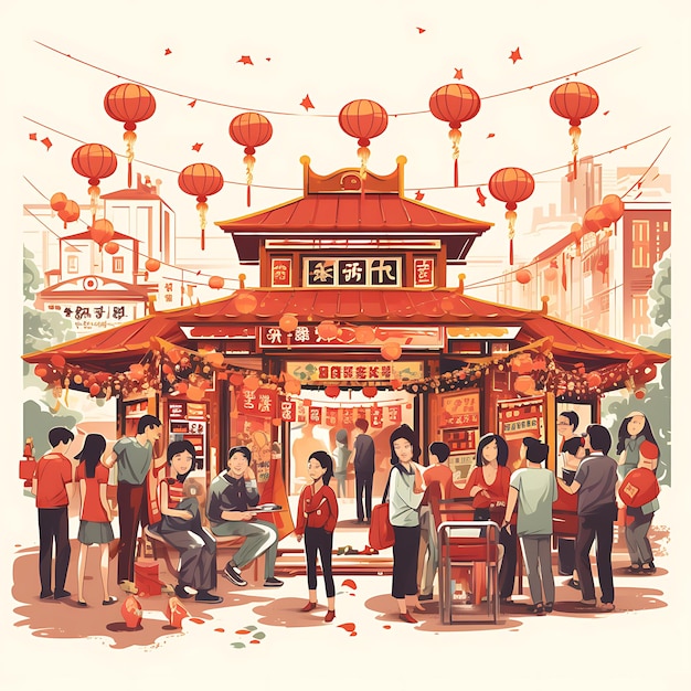 Watercolor China Theme Traditional Games Area With Red Themed Booths a creative arts work