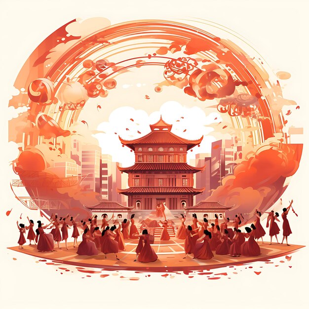 Watercolor China Theme Traditional Music Concert With Red Stage Curtai creative arts work