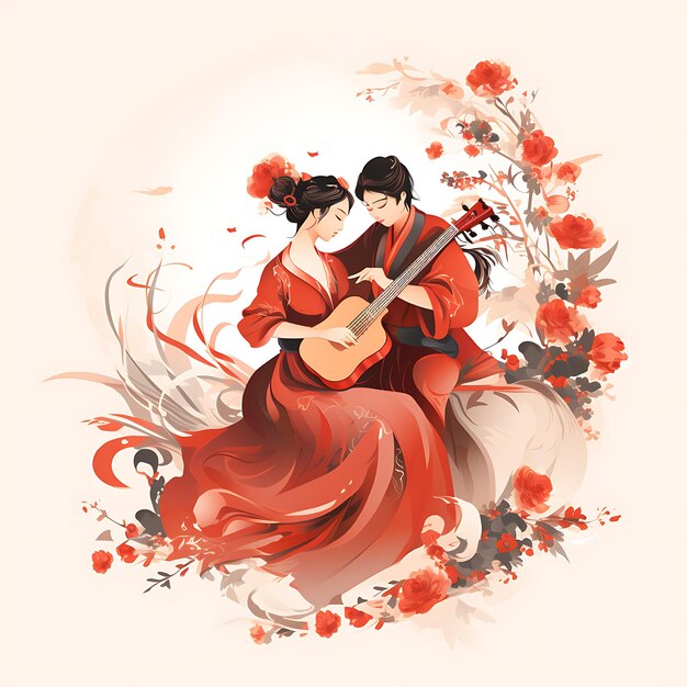 Watercolor China Theme Traditional Music Performance With Musicians in creative arts work