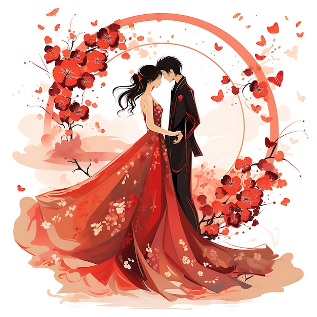 Watercolor China Theme Traditional Wedding Ceremony With Red Bridal at creative arts work