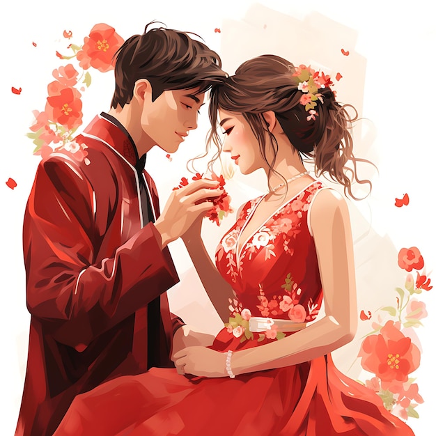 Watercolor China Theme Traditional Wedding Ceremony With Red Bridal at creative arts work