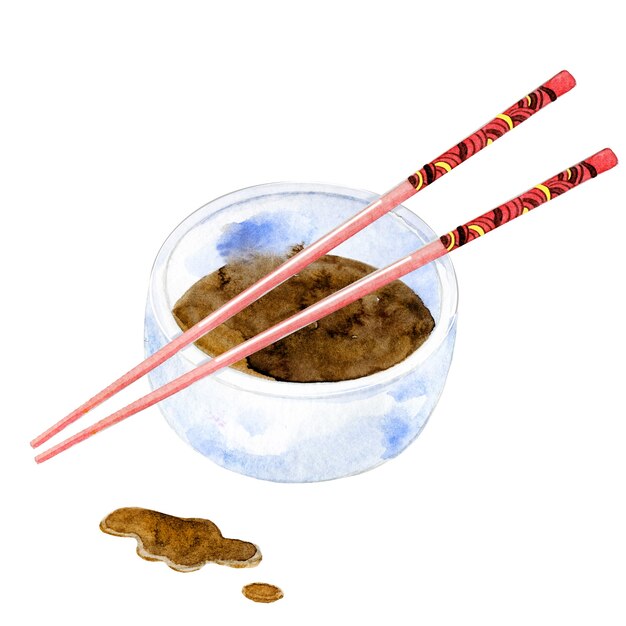 Watercolor chinese chosticks and soy sauce in a cup