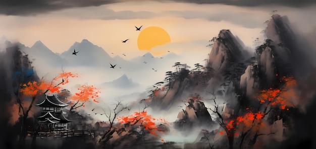 watercolor chinese style background Landscape illustration Generative AI