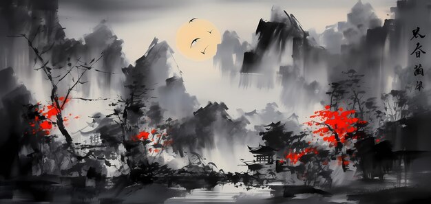 水彩中華風背景 風景イラスト 生成AI