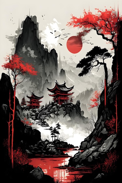 watercolor chinese style illustration, red and black art, ai generated