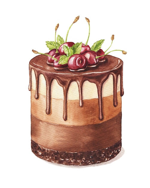 さくらんぼを飾った水彩チョコレートケーキ