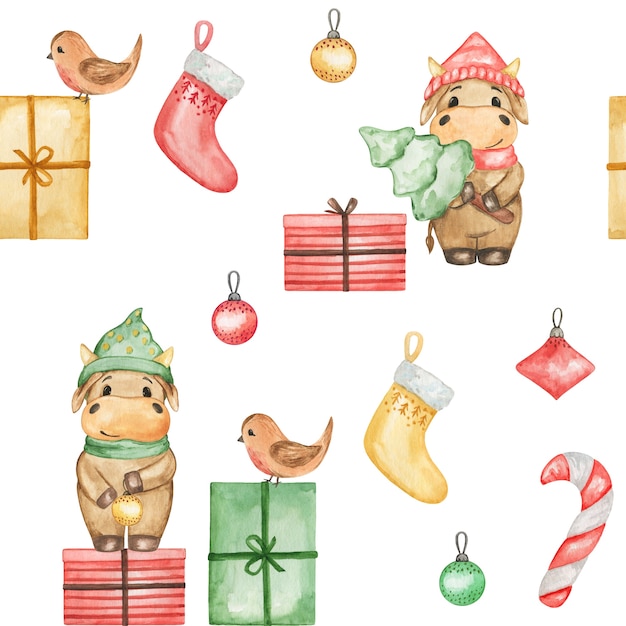 水彩のクリスマス2021シームレスパターン、水彩の雄牛、ギフト、漫画の新年の背景