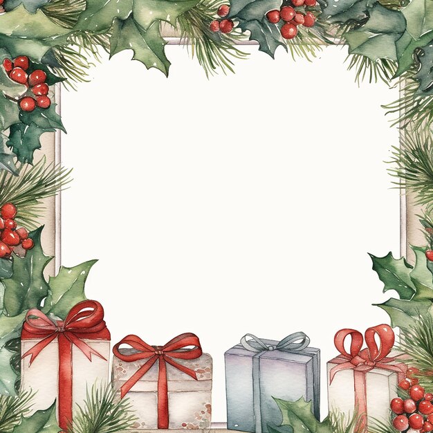 Photo watercolor christmas background with holly branches and gift boxes