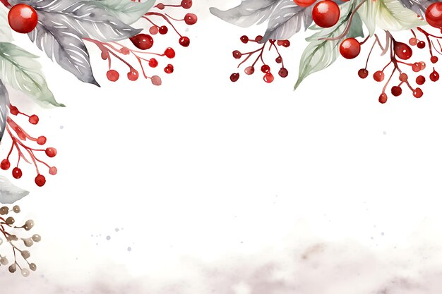 Foto sfondio natalizio ad acquerello con cornice di foglie sopra e sotto
