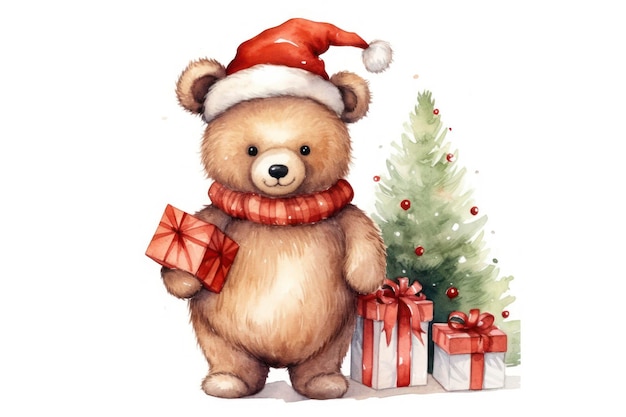 Watercolor Christmas bear isolated white background