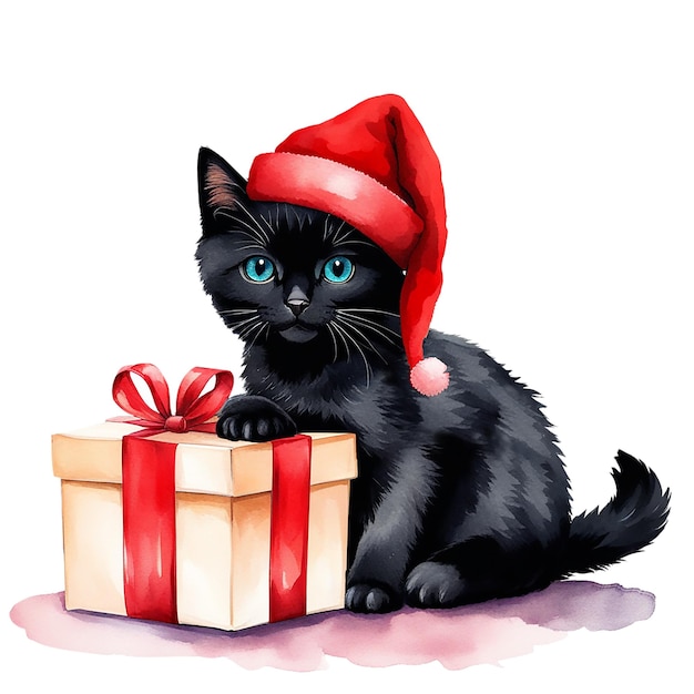 Фото Акварель рождественского черного котенка в красных шляпах с рождественскими игрушками и наклейкой с подарками