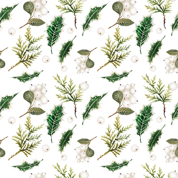 Watercolor christmas branches and snowberry pattern on white background