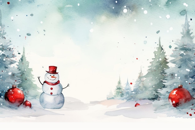 Акварельный дизайн рождественской открытки со снеговиком и красными елочными шарами