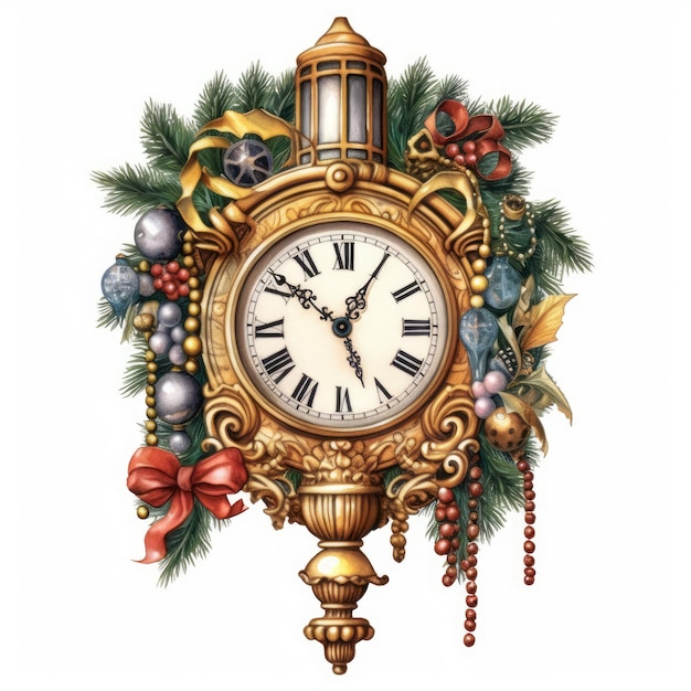 Watercolor christmas clock Illustration Generative Ai