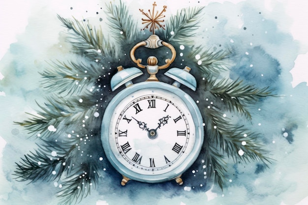 Watercolor Christmas clock isolated white background