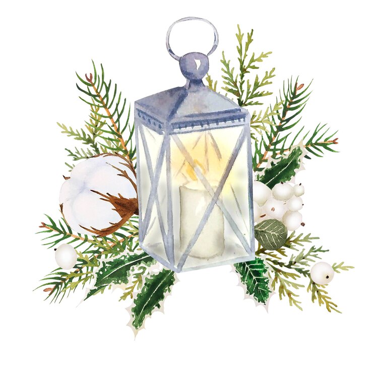 Watercolor christmas composition with flashligt and floral composition