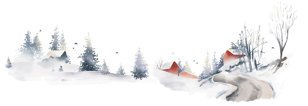 Watercolor Christmas compositions. Winter foggy landscapes village scene red houses spruce New year