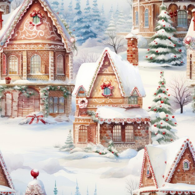 Photo watercolor christmas cottage gingerbread house in a snowy winter scene seamless pattern