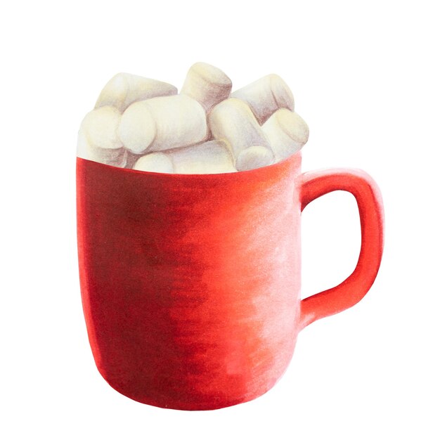 Watercolor Christmas cup of hot drink with marshmallows New year hand painting red mug isolated on