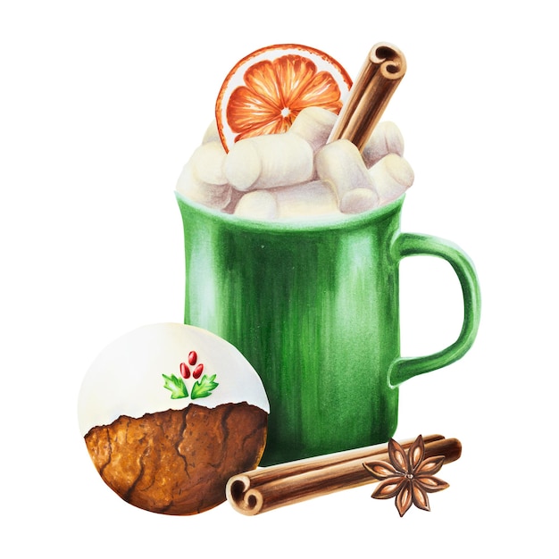 Watercolor Christmas cup of hot drink with marshmallows with crispy gingerbread cookies and icing Ne