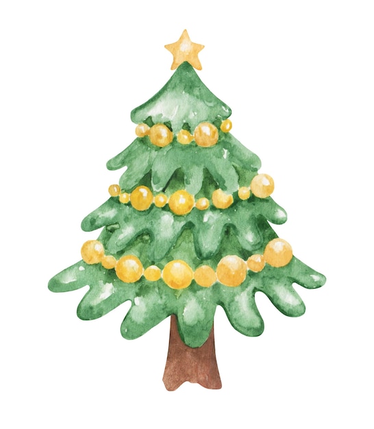 Clipart della decorazione di natale dell'acquerello, illustrazione di riserva dell'albero di abete decorato, elementi del nuovo anno