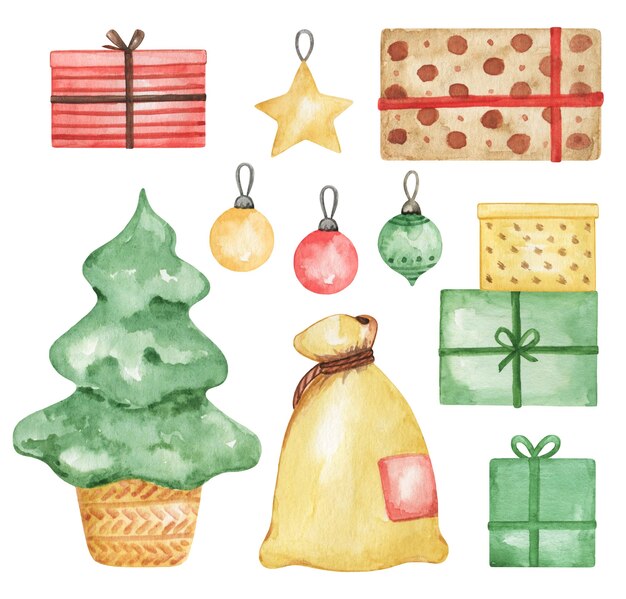 Watercolor Christmas decor clipart, Spruce tree and presents, gift box, new year elements, printable