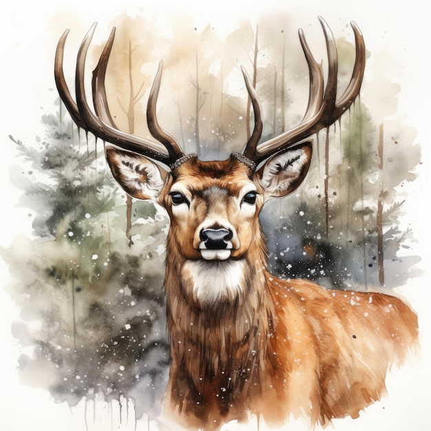 Watercolor Christmas deer Winter card design High quality illustration Generative AI