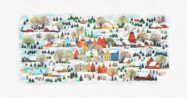 Watercolor Christmas fairy tale town or village. Happy people, tale houses. Winter New Year Holidays