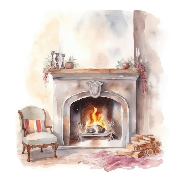 Watercolor Christmas fireplace