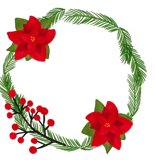 Watercolor Christmas floral wreath with poinsettia. Hand painted illustration isolated on white