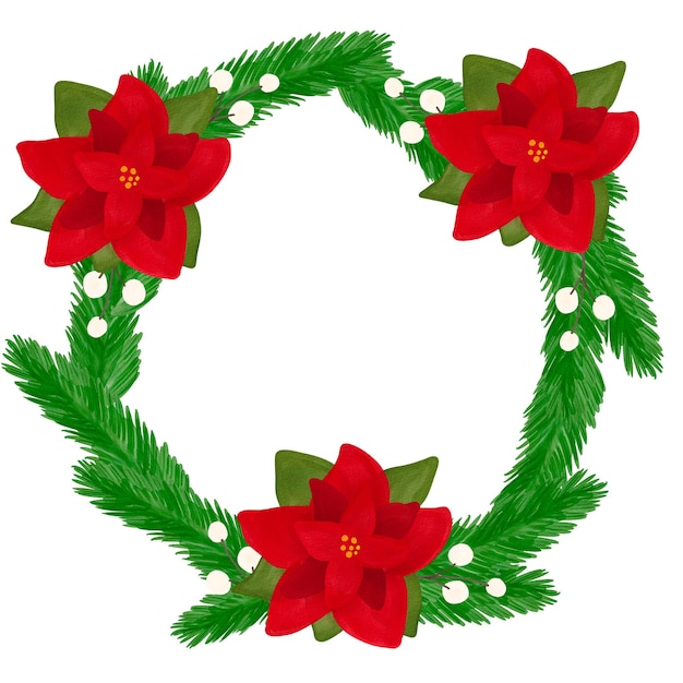 Watercolor Christmas floral wreath with poinsettia. Hand painted illustration isolated on white