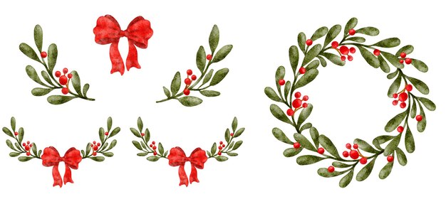 Photo watercolor christmas florals with handdrawn branches berries wreath and ribbon