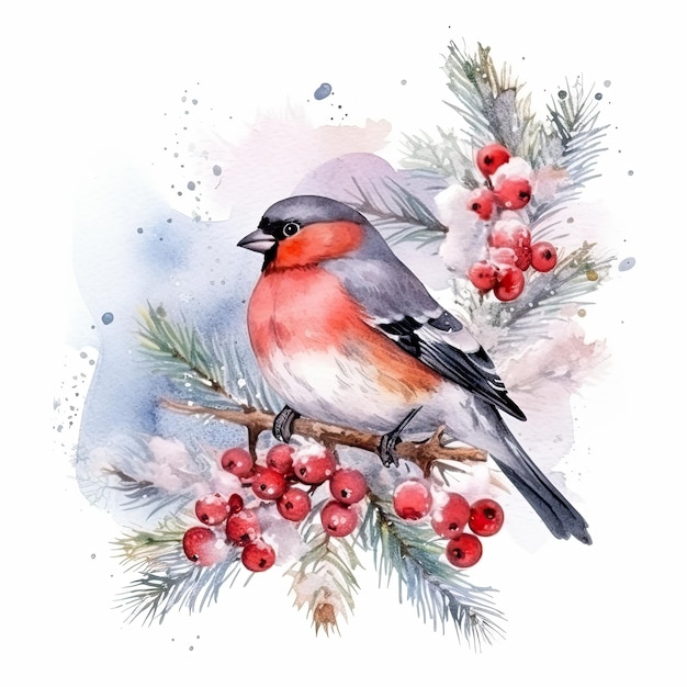 Photo watercolor christmas forest branches and bullfinch illustration ai generativexa