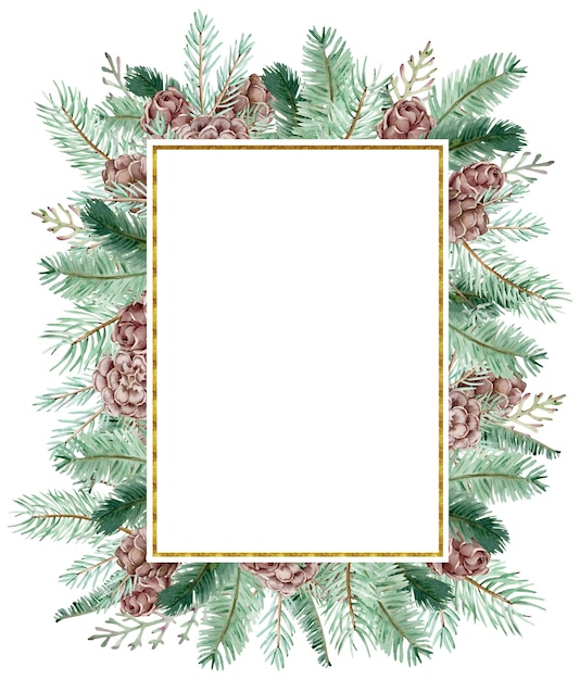 Watercolor Christmas frame with cones and pine branches
