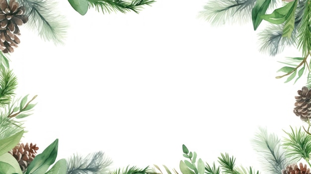 Watercolor Christmas frame with fir branches pine cones and green leaves Hand painted illustration Generative AI